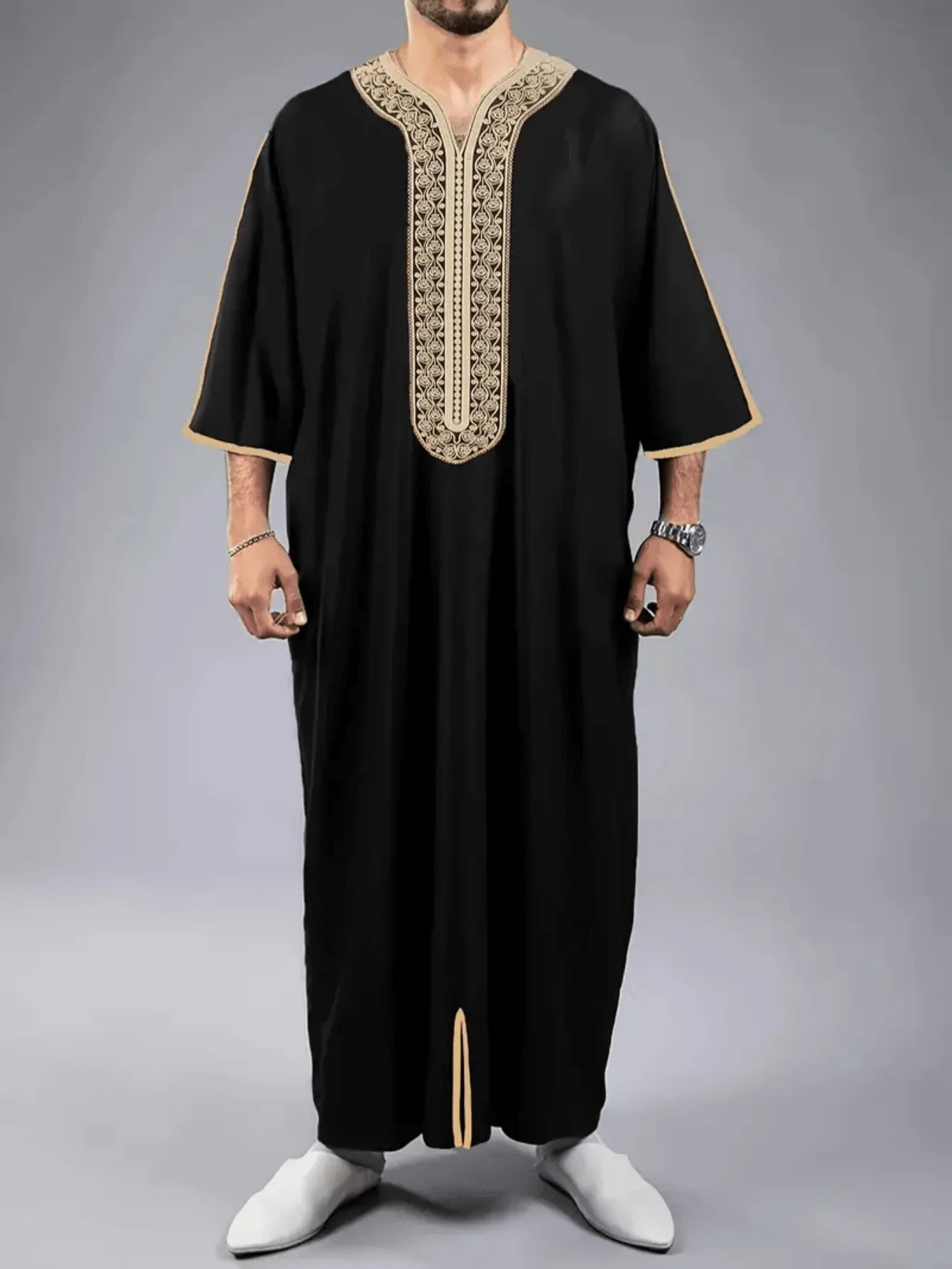 Men's Embroidered Islamic Thobe | Long-Sleeved Arabic Loose Robe Dress