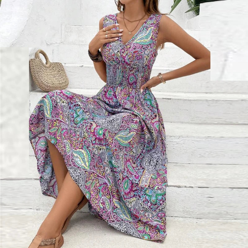 Women's Boho A-Line Maxi Dress - Summer Flower Print