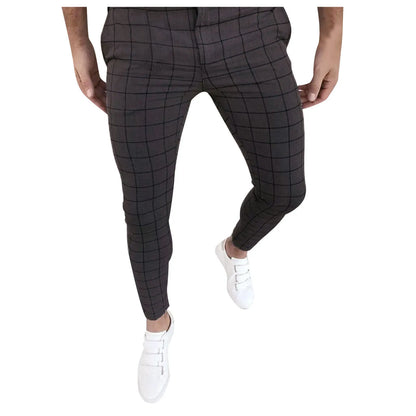 Spring Men Pencil Pants - Slim Fit Plaid Print Trousers