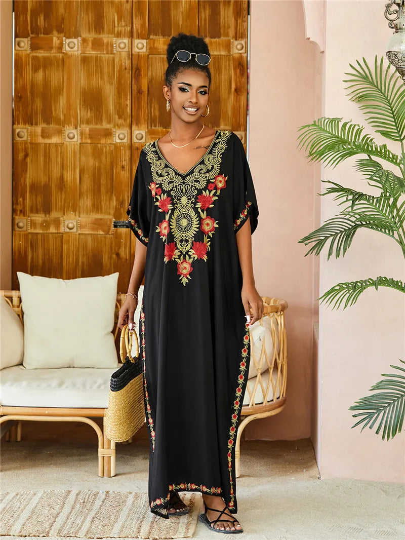 Women's Plus Size Kaftan Dress | Embroidered Caftan Maxi Loungewear & Swimsuit Cover Up