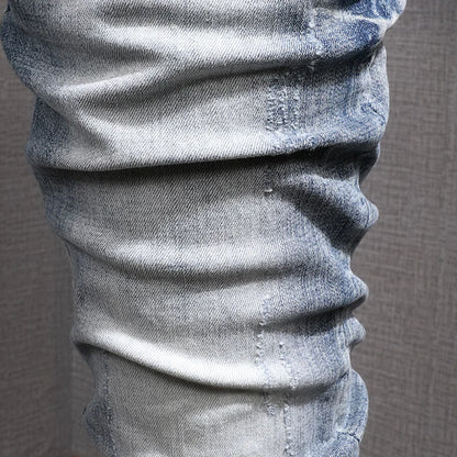 Retro Light Blue Slim Fit Ripped Jeans - Vintage Casual Men's Trousers