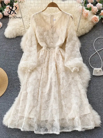 SINGREINY Lace French Style Long Dress - Summer V Neck Beach Dress