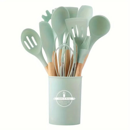 12Set of Wooden Handle Silicone Kitchen Tools Non-Stick Pan Cooking set