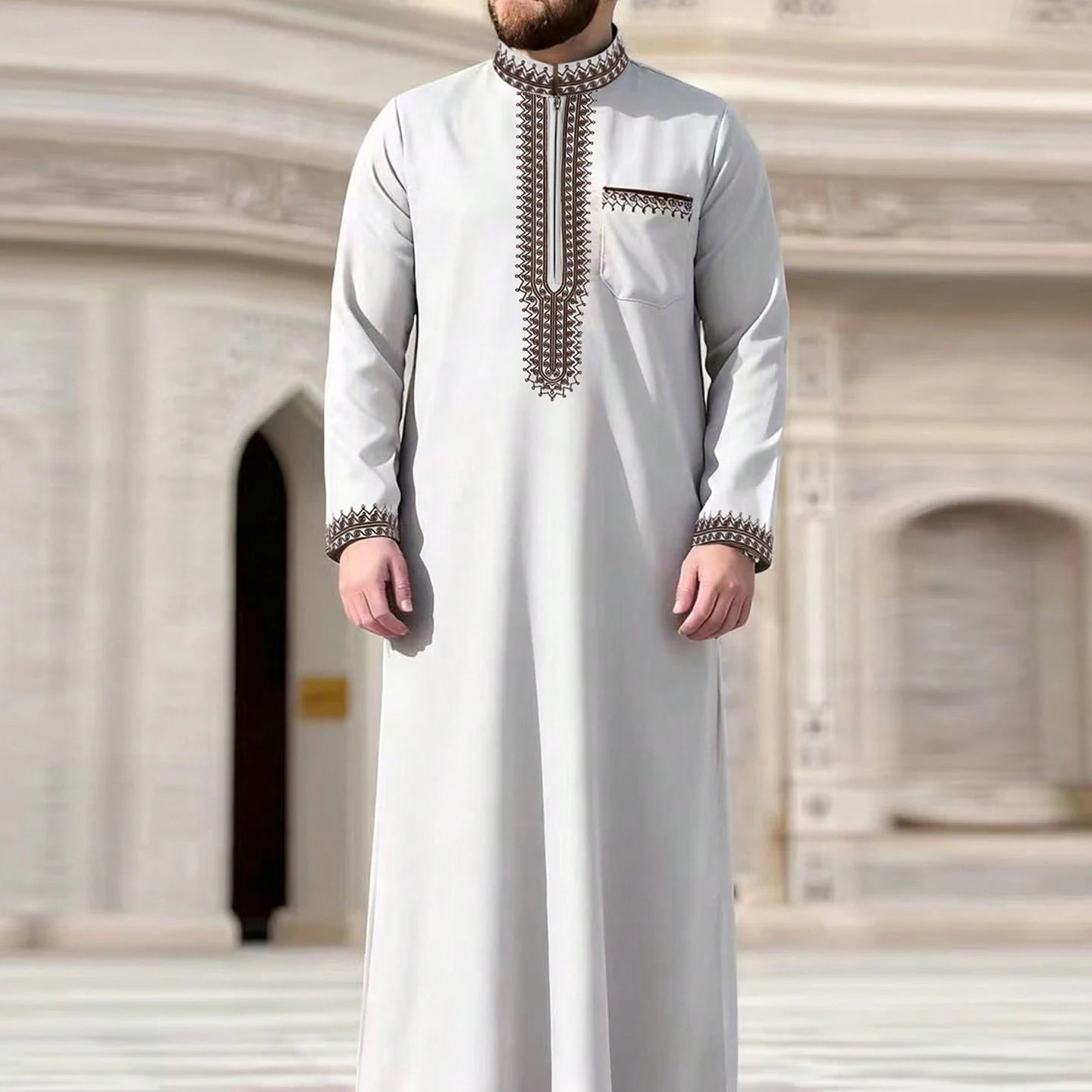Men's Embroidered Islamic Thobe | Long-Sleeved Arabic Loose Robe Dress