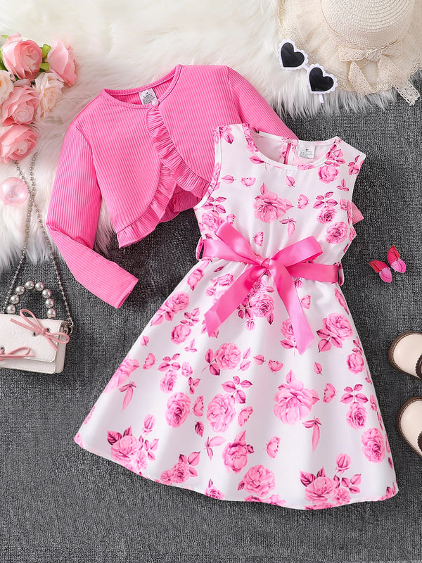 Children S Clothing Girl Autumn Fashion Casual Pink Floral Dress Set