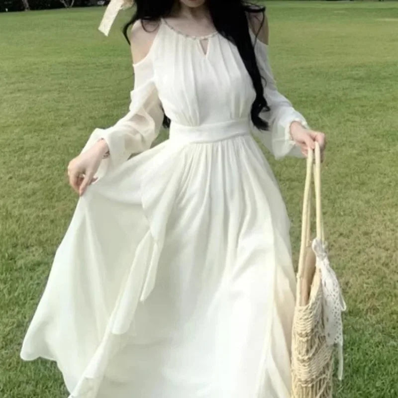 French Style Off-the-Shoulder Pearl Chiffon Beach Dress
