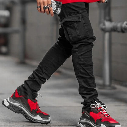 Street Elastic Jeans - Men's Denim Cargo Pants with Multi Pockets