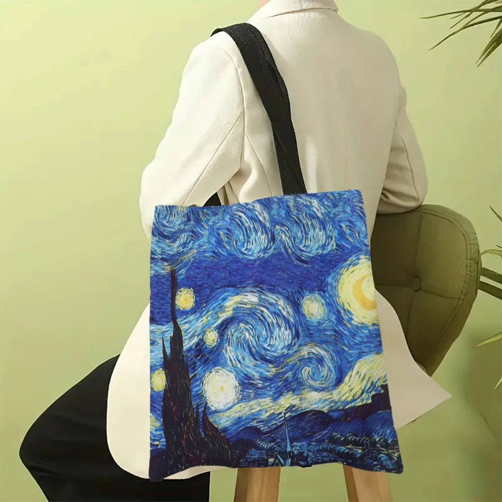 Van Gogh Linen Tote Bag | Starry Night & Sunflower Design