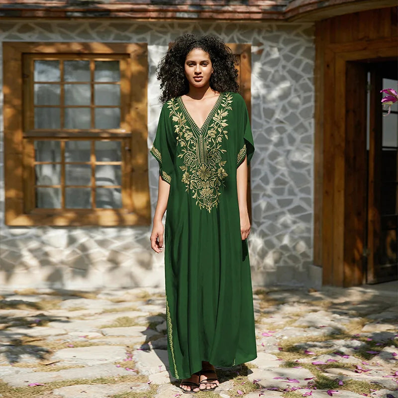 Women's Gold Embroidery Long Kaftan Dress | V Neck Caftan Beach Cover Up