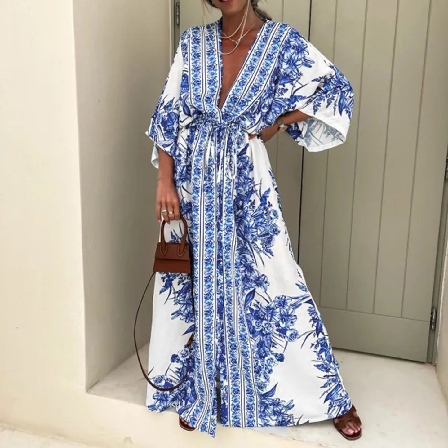 Boho Print Half Sleeve Long Dress - Japanese Kimono Lace-Up Sundress