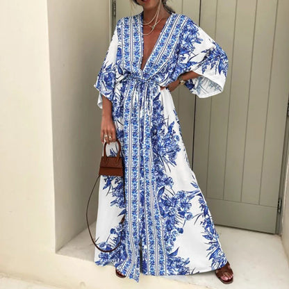 Boho Print Half Sleeve Long Dress - Japanese Kimono Lace-Up Sundress