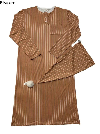 2025 Autumn Men's Nightgown Male Long Robe Solid Thin Loose Plus Size Long Sleeve One-Piece Pajamas for Men Bathrobe Homewear