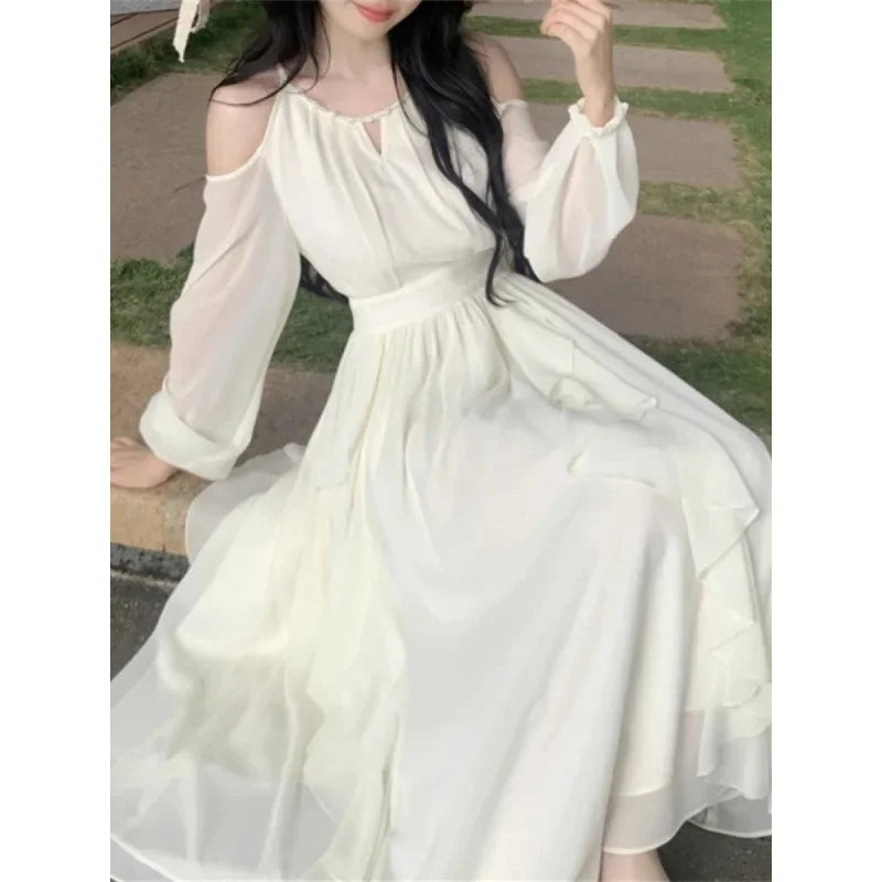 French Style Off-the-Shoulder Pearl Chiffon Beach Dress
