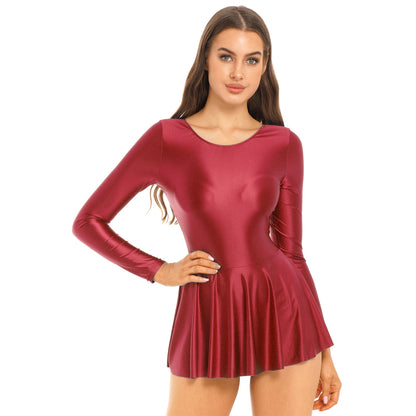 Women's Solid Color Long Sleeve Ruffled Dress - Round Neck