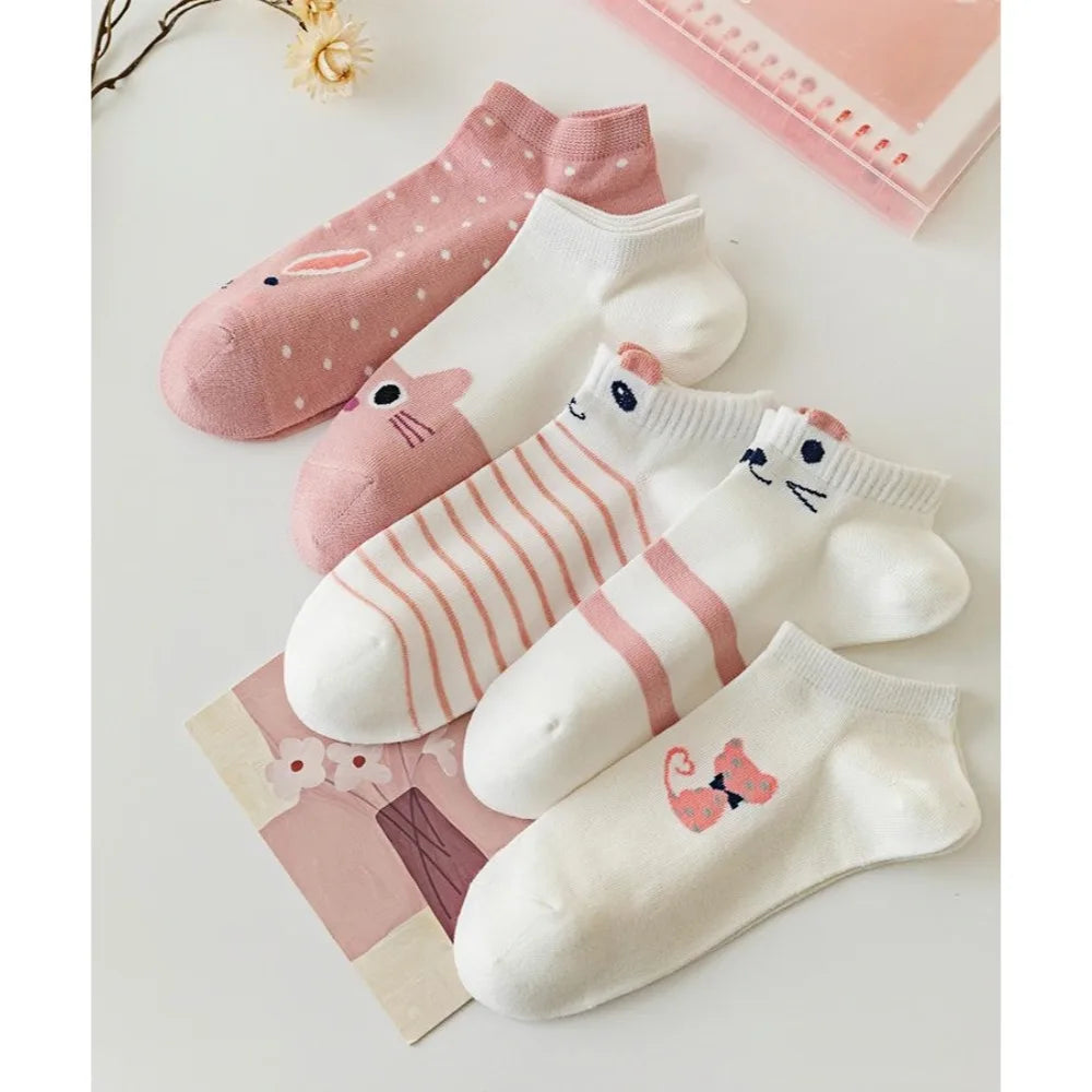 Women's Pink Cute Rabbit Socks - Spring Summer Cotton Socks