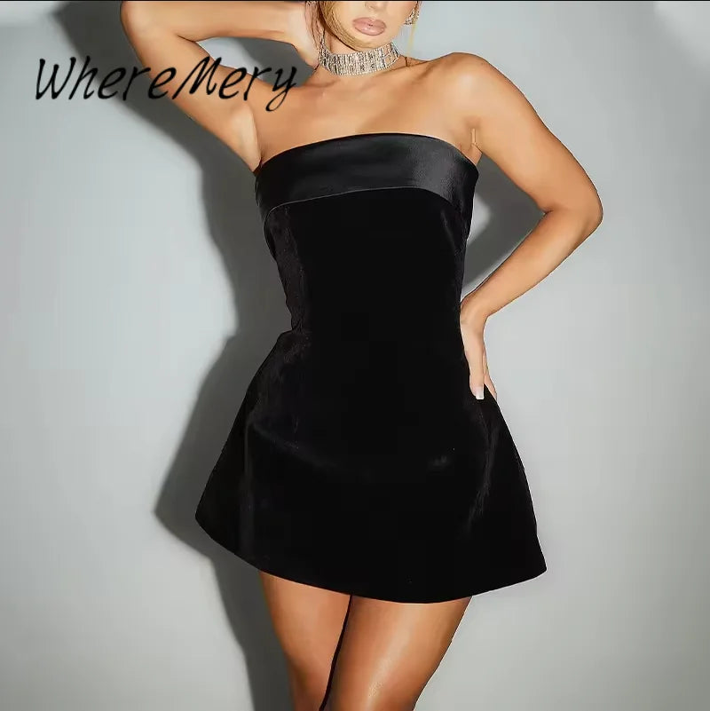 WhereMery Y2K Sleeveless Slash-Neck Mini Dress - Backless A-Line Party Dress