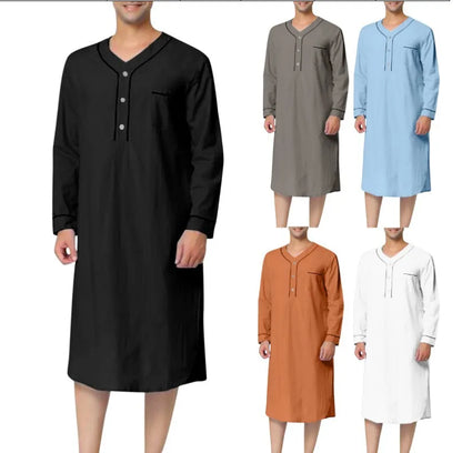 New 2025 Men Jubba Thobe Solid Color Pajamas Fashion Solid Loose Muslim Robe Long-sleeved Nightgown Bathrobes Mens Muslim Kaftan
