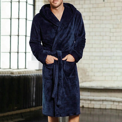Men's Grey Thick Warm Bathrobe - Winter Flannel Lounging Suit