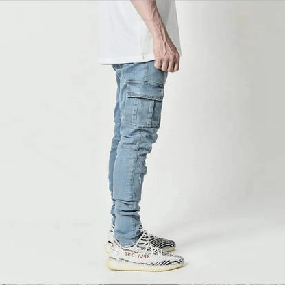 Street Elastic Jeans - Men's Denim Cargo Pants with Multi Pockets