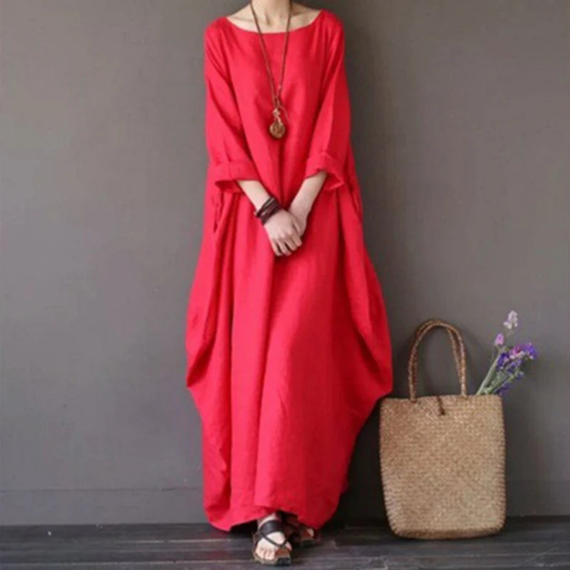 Women's Cotton Linen Loose Dress | Literary Boho Long Sleeve Kaftan Robe