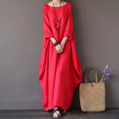 Women's Cotton Linen Loose Dress | Literary Boho Long Sleeve Kaftan Robe