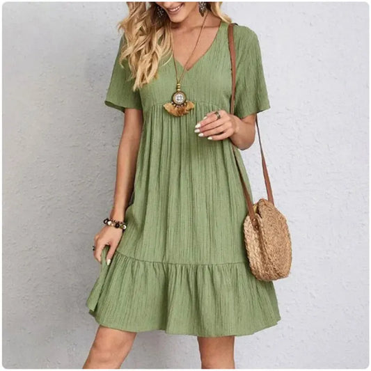 Women's Summer Peplum Dress - V-Neck Short Sleeve Ruffle Fit Flare