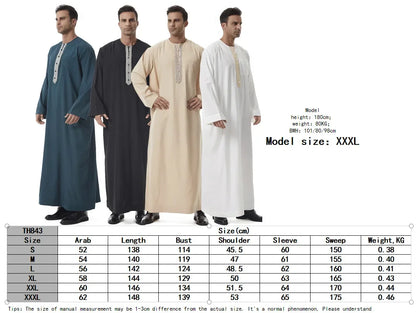 Men's Embroidered Islamic Thobe (Jubba/Dishdasha) | Saudi Arabic Long Sleeve Robe