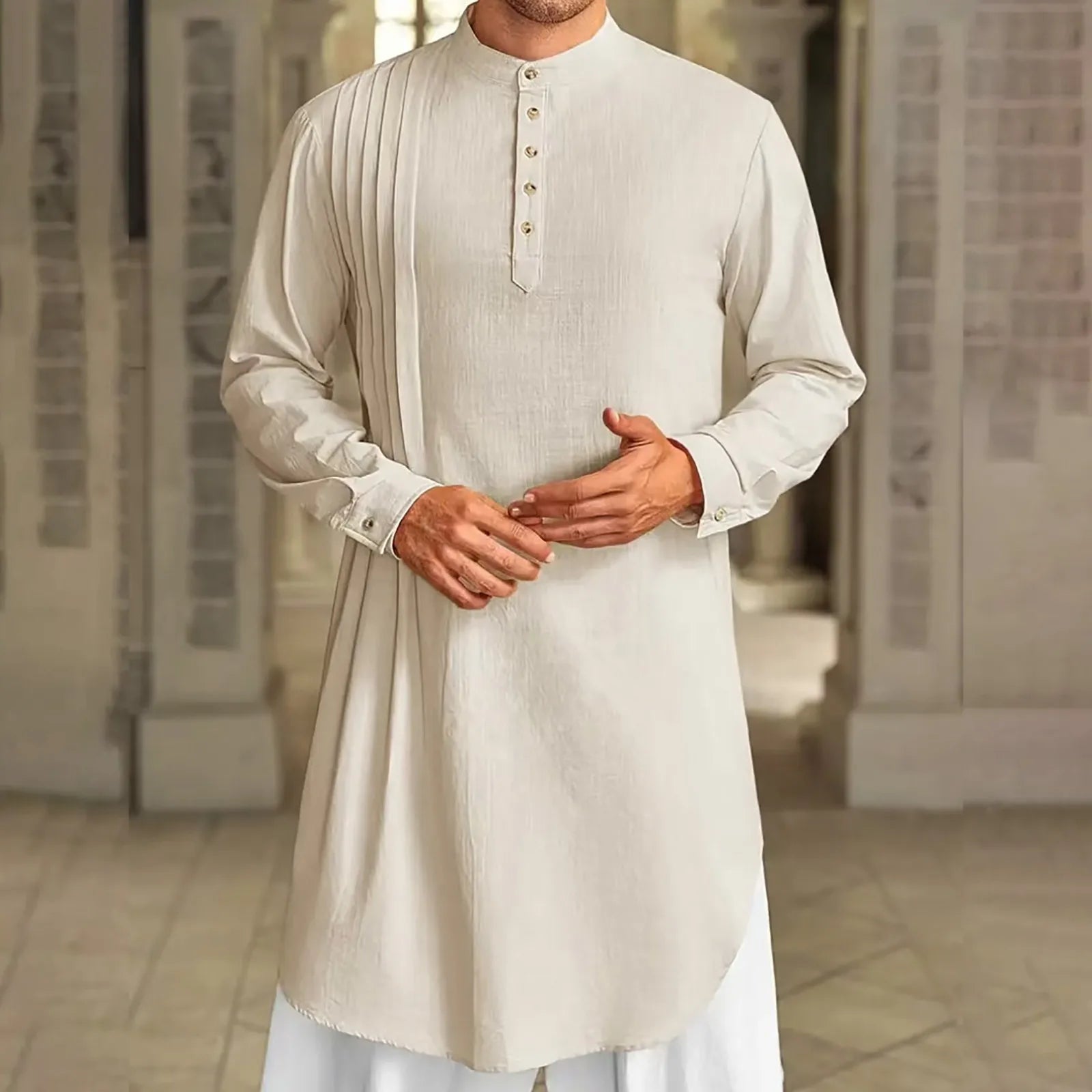 Men's Islamic Cotton Linen Shirt - Stand Collar Kurta Robe