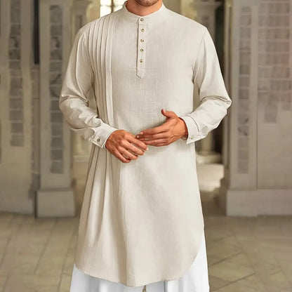 Men's Islamic Cotton Linen Shirt - Stand Collar Kurta Robe