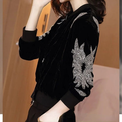 Luxury Rhinestone Crop Jacket - Women's Bomber Style Autumn Coat
