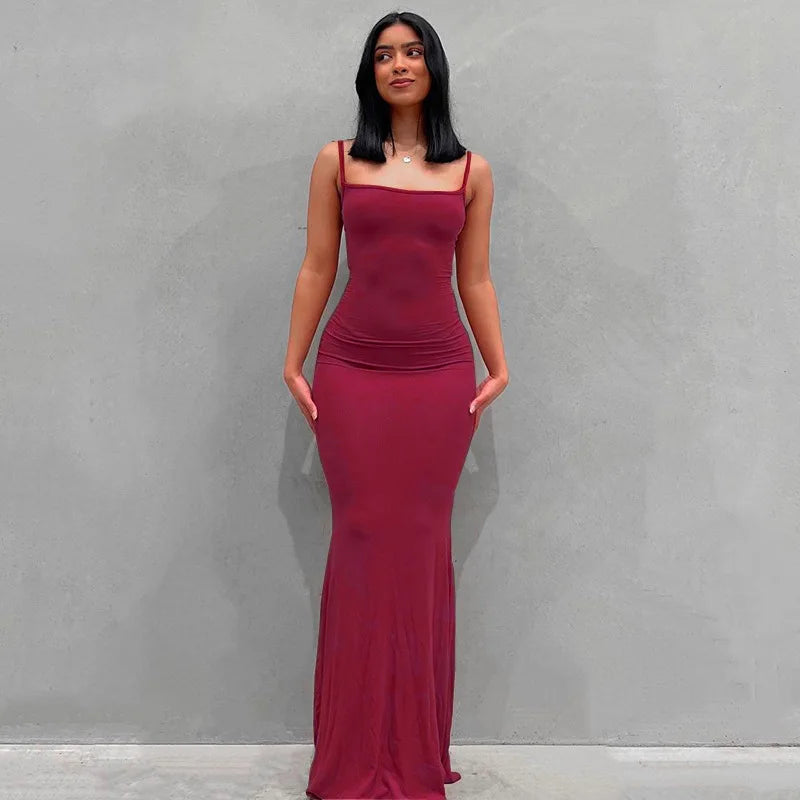 Sexy Spaghetti Strap Black Maxi Dress - Y2K Sleeveless Bodycon Evening Dress