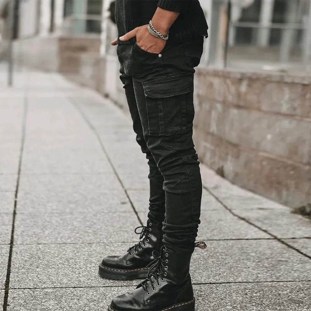 Street Elastic Jeans - Men's Denim Cargo Pants with Multi Pockets