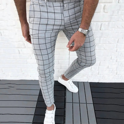 Spring Men Pencil Pants - Slim Fit Plaid Print Trousers