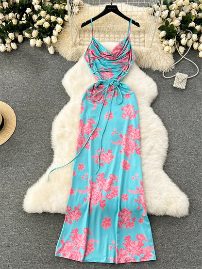SINGREINY Spaghetti Strap Floral Long Dress - Slim Bodycon Design
