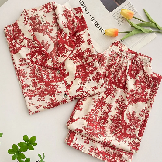 Fashion Print Flower 2PCS Pajamas Set - Women's Spring Summer Lounge Wear