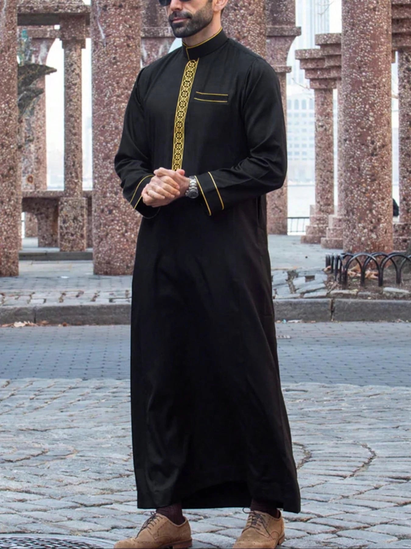 Men's Embroidered Islamic Thobe | Long-Sleeved Arabic Loose Robe Dress