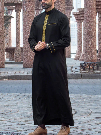 Men's Embroidered Islamic Thobe | Long-Sleeved Arabic Loose Robe Dress