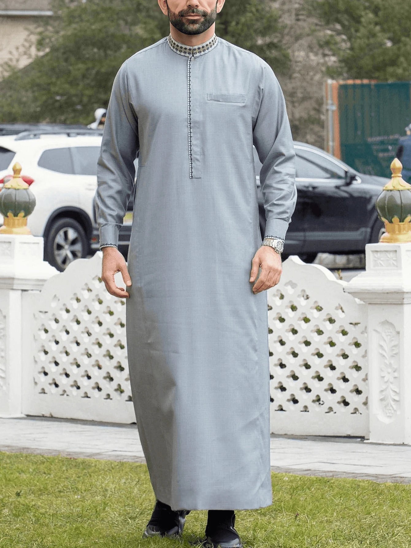 Men's Embroidered Islamic Thobe | Long-Sleeved Arabic Loose Robe Dress