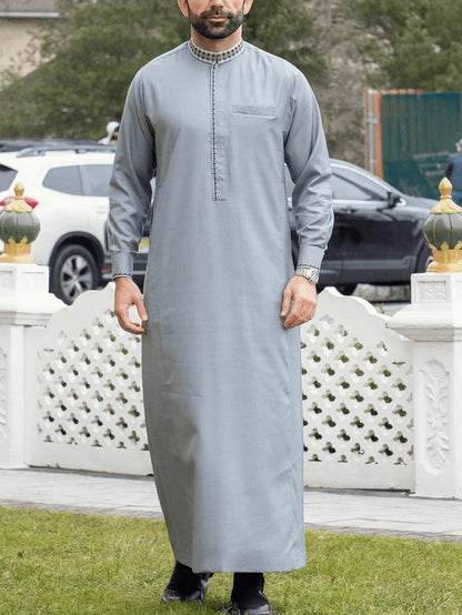 Men's Embroidered Islamic Thobe | Long-Sleeved Arabic Loose Robe Dress
