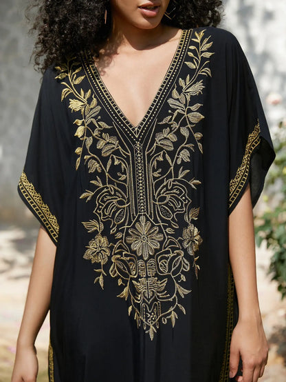 Women's Gold Embroidery Long Kaftan Dress | V Neck Caftan Beach Cover Up
