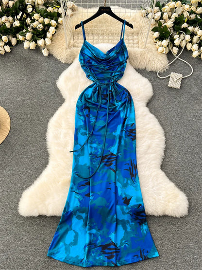 SINGREINY Spaghetti Strap Floral Long Dress - Slim Bodycon Design