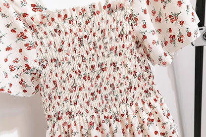Chiffon Dress - Floral Pleated Midi Dress with Elastic Waist