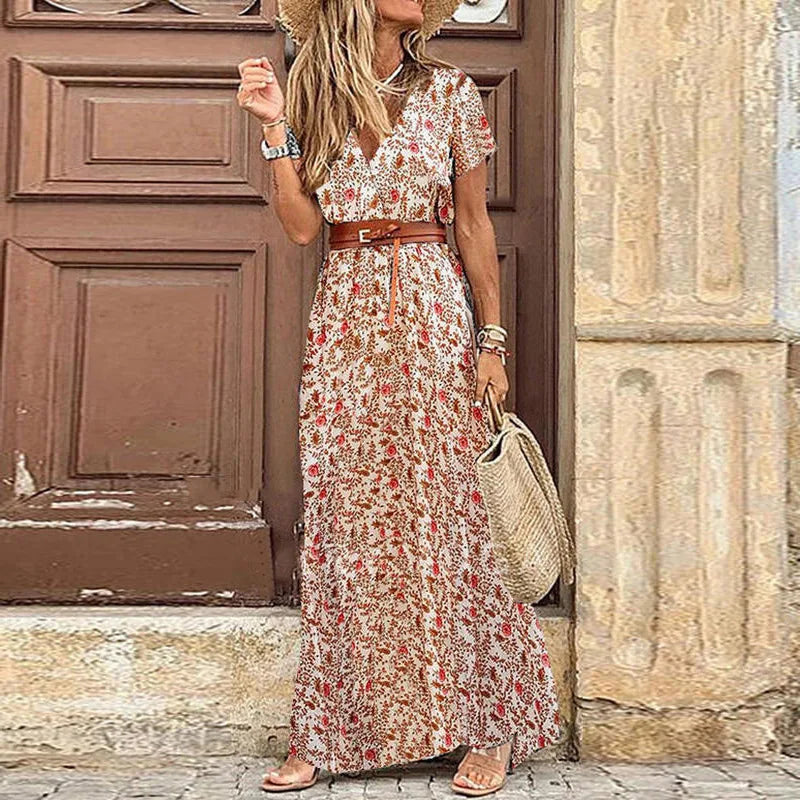 Summer Bohemian V-Neck Long Dress - Floral Print Beach Maxi Dress