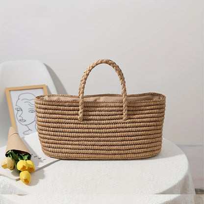 Straw Woven Beach Bag - Summer Drawstring Basket for Ladies