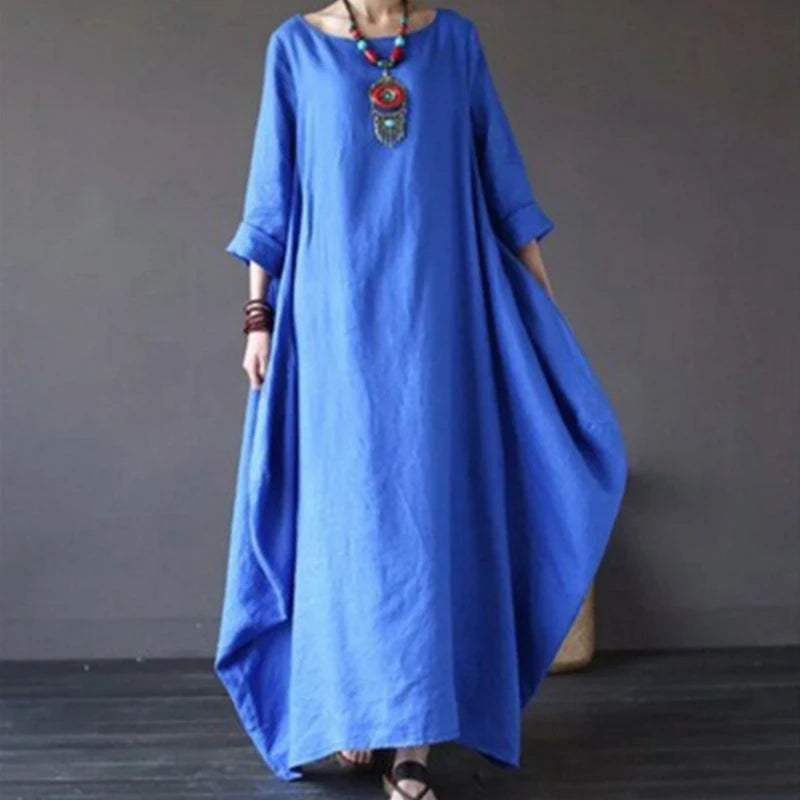 Women's Cotton Linen Loose Dress | Literary Boho Long Sleeve Kaftan Robe