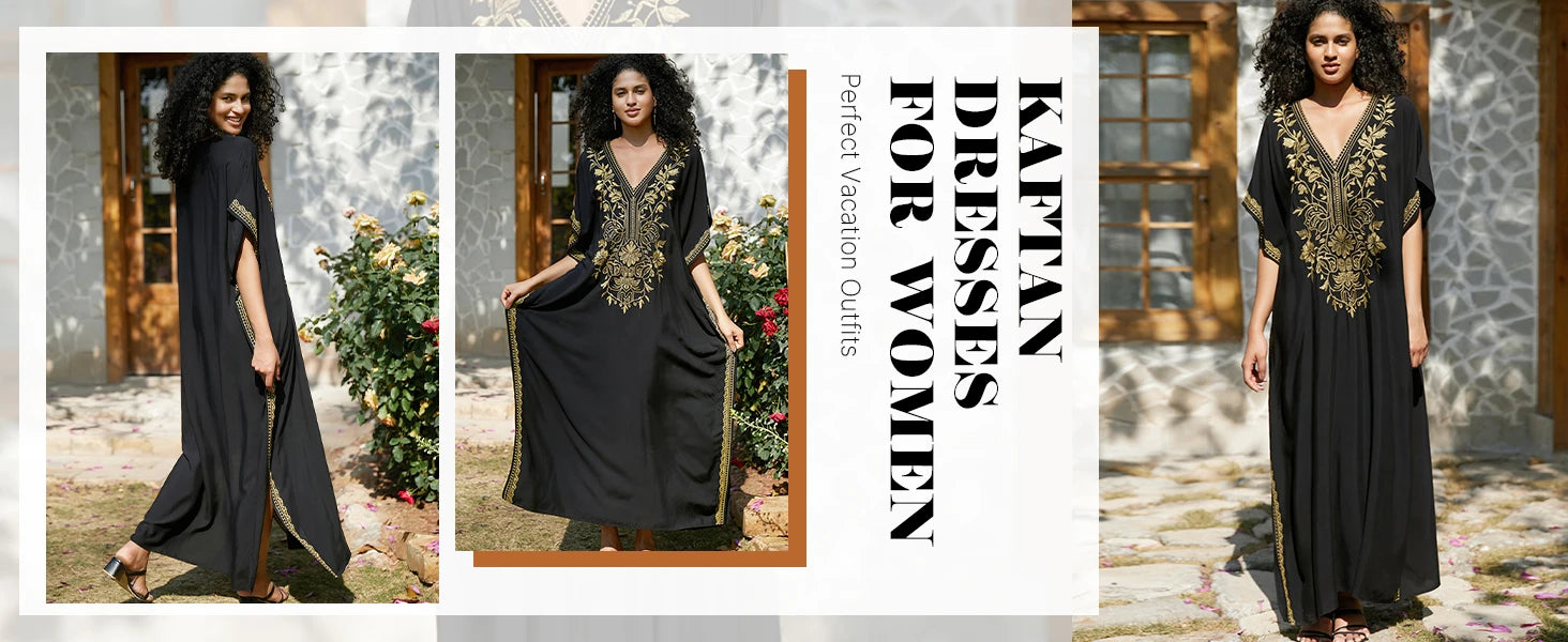 Women's Gold Embroidery Long Kaftan Dress | V Neck Caftan Beach Cover Up