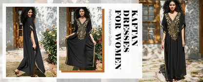 Women's Gold Embroidery Long Kaftan Dress | V Neck Caftan Beach Cover Up