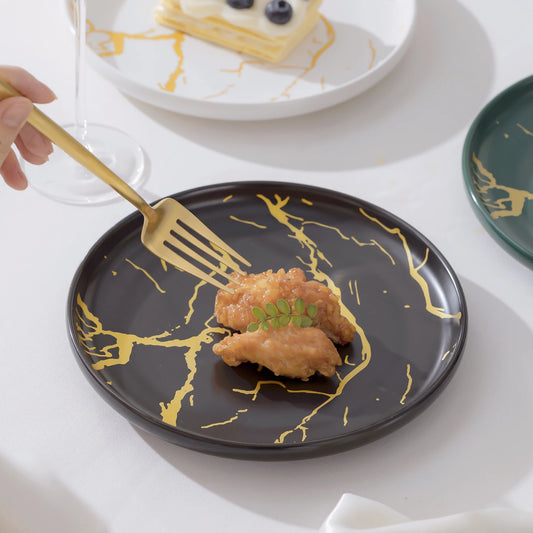 European Marbled Ceramic Plate with Gold Rim