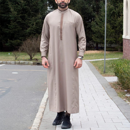 Men's Embroidered Islamic Thobe | Long-Sleeved Arabic Loose Robe Dress