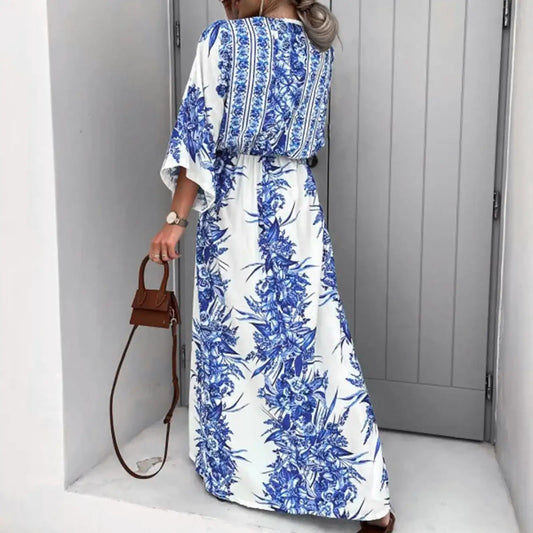 Boho Print Half Sleeve Long Dress - Japanese Kimono Lace-Up Sundress